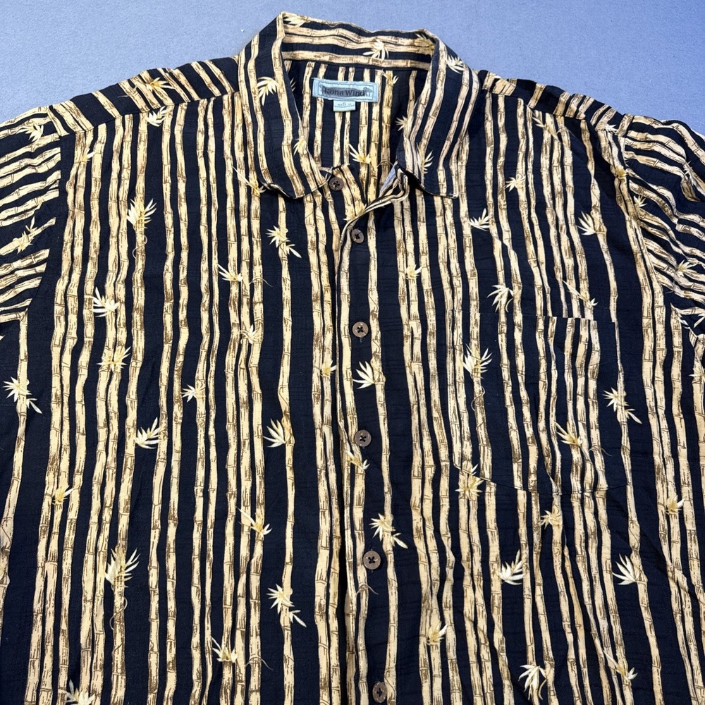 Kona Wind Hawaiian Shirt XL Mens Black Tan Palm Bamboo Print Button Up Short